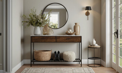 a high-quality 3D render of a modern entryway that exudes welcoming warmth. Incorporate elements such as a stylish console table, a large mirror, and functional storage solutions like hooks and a shoe