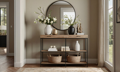 a high-quality 3D render of a modern entryway that exudes welcoming warmth. Incorporate elements such as a stylish console table, a large mirror, and functional storage solutions like hooks and a shoe