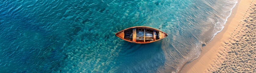Aerial View of a Wooden Boat on Crystal Clear Blue Water Near Sandy Beach - Serene Coastal Scene Perfect for Travel and Nature Themes
