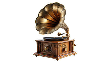 Antique brass and wooden gramophone  isolated on transparent or white background