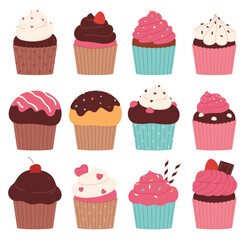 Small delicious cupcakes. A set of colorful beautiful sweets. Sweet pastries for tea. Vector illustration