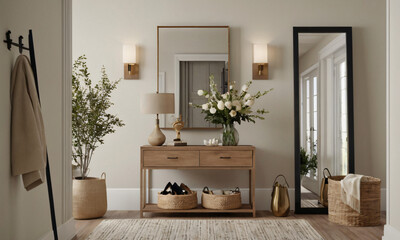 Fototapeta premium a high-quality 3D render of a modern entryway that exudes welcoming warmth. Incorporate elements such as a stylish console table, a large mirror, and functional storage solutions like hooks and a shoe