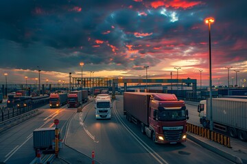 Evening Sky Border Crossing with Trucks Waiting for Customs Clearance