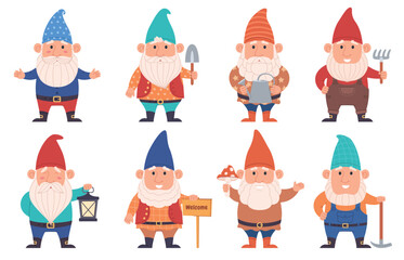 Cute cartoon gnomes. Fabulous little characters. Beautiful garden decorations. Charming characters in funny hats. Vector illustration
