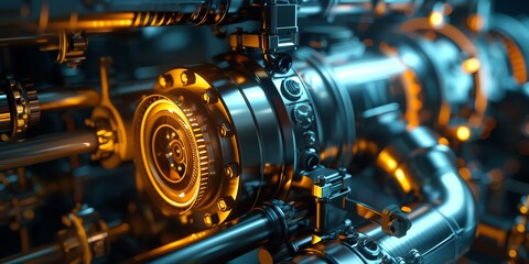 Fototapeta premium The image shows a close-up of a complex machine with many pipes and gears.