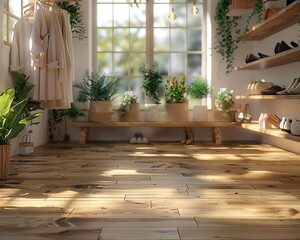 Bright and airy store interior, hanging stands, wooden shelf with shoes, natural light, soft shadows, closeup outfit display, high resolution, Canon EOS R5, macro lens