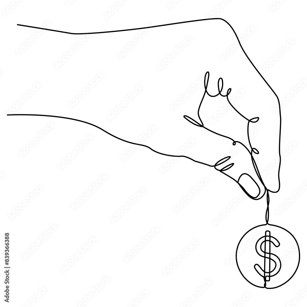 Wall mural Hand holding coin continuous one line drawing art. Dollar linear symbol. Savings and investment concept. Vector illustration isolated on white.