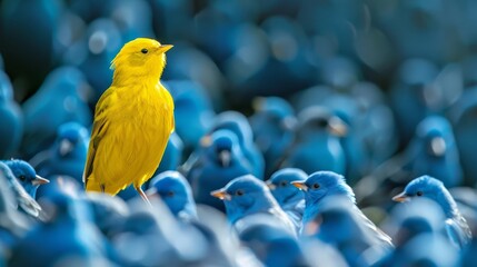 vibrant yellow bird standing out in a crowd of blue birds individuality and courage concept