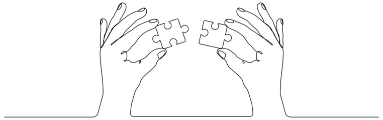 Hands hold puzzle piece continuous line drawing. Teamwork concept. Vector illustration isolated on white.	