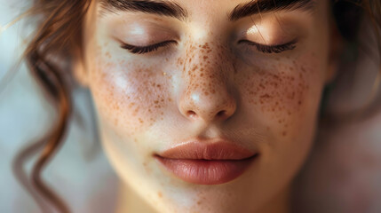 Fototapeta premium Close-up of a beautiful woman with flawless skin, her eyes closed in serene contemplation, with soft, diffused lighting creating a delicate and intimate atmosphere
