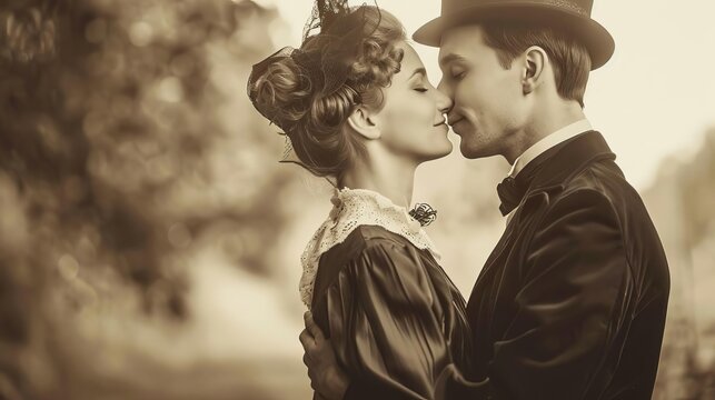 victorian romance elegant couple in vintage attire passionate farewell kiss loving embrace retro sepia tones concept portrait photography