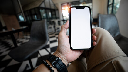 Man Hand holding smartphone with blank screen