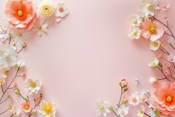 Obraz premium Flowers paper cut design. Beautiful spring paper cut flowers on soft color background. Valentine's Day, Birthday, Happy Woman Day, Mother's Day. Holiday poster and banner with flower papercut