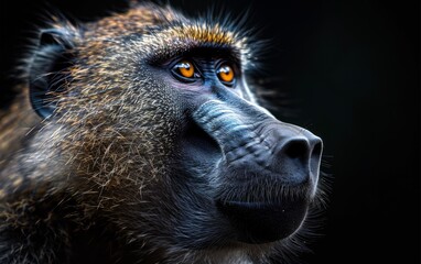 A male drill baboons face with piercing eyes