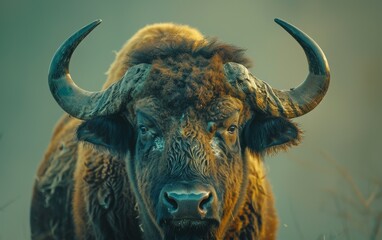 Naklejka premium A close up photo of a large male buffalo in a forest