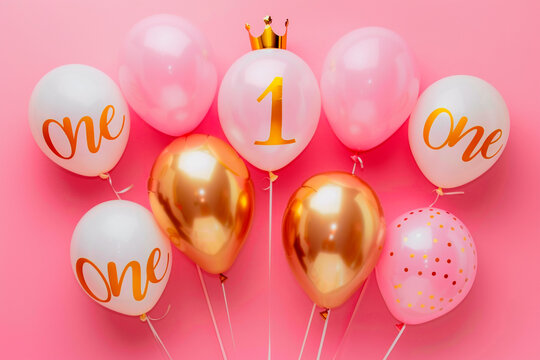 Happy birthday one year congratulations background. Anniversary number 1 foil gold balloon and white, pink balloons.
