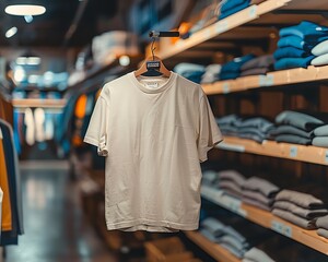 Fototapeta premium Highresolution photo of cream Tshirt mockup hanging on store shelf, showcasing texture and softness of fabric