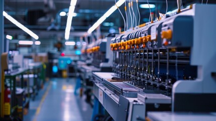 Fototapeta premium A row of sewing machines are in a factory, with a row of white shirts being sewn