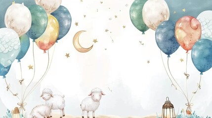 Eid Mubarak! Joyful Celebration with Sheep and Balloons (watercolor)