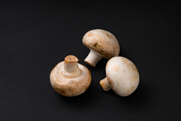 fresh champignons mushrooms on black background