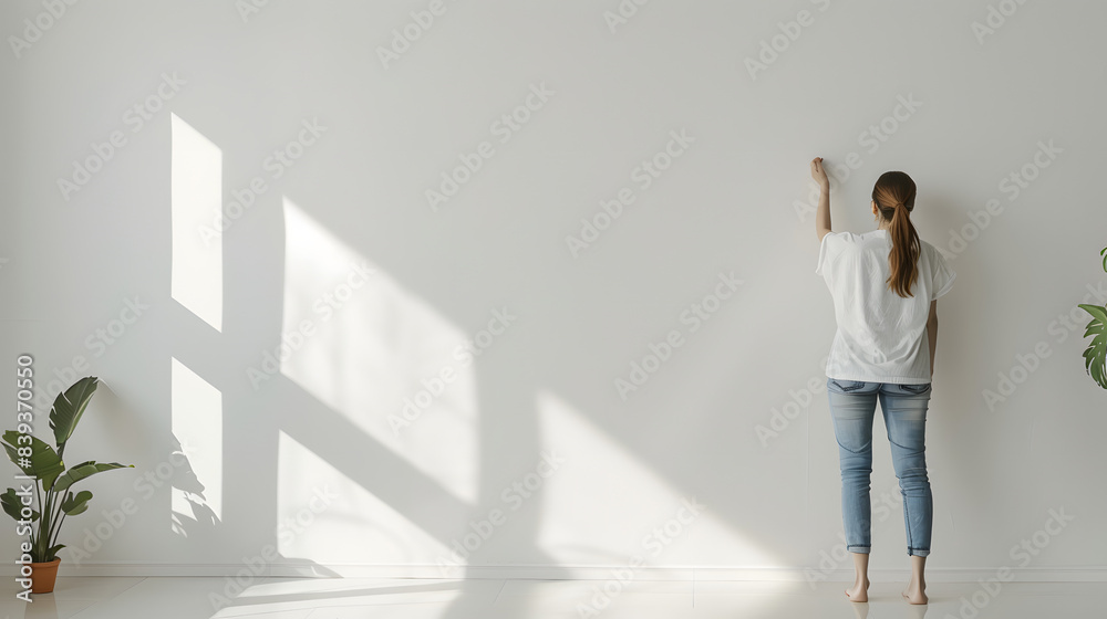 Sticker young woman hanging 3d painting on light wall at home isolated on white background, minimalism, png