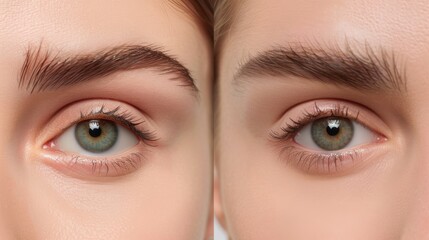 Before and after photos of a woman's eyebrows after a professional eyebrow threading session, highlighting the transformation