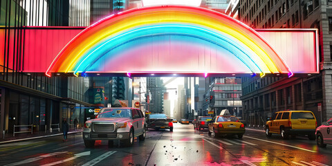 The Neon Rainbow Bridge of Hope: A vividly colored neon sign, spanning a busy city street.