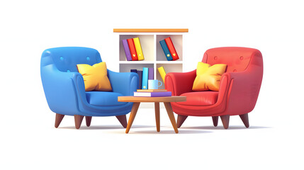 interior of light living room with cozy armchairs and books on coffee table isolated on white background, png