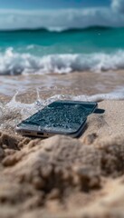Waterproof Smartphone on Sand with Ocean Waves in Background, Concept of Durable Tech for Beach Adventures
