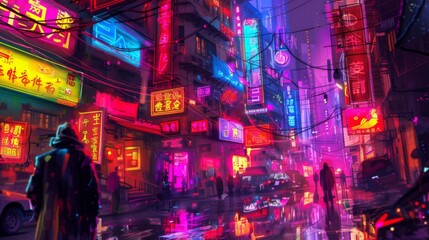 Fototapeta premium City streets adorned with vibrant neon signs, their colorful glow casting an electrifying atmosphere against the urban backdrop