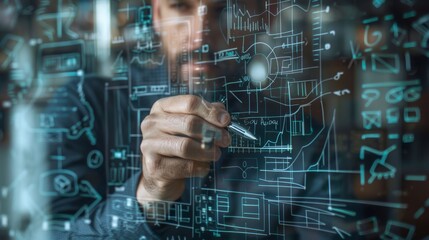 Close-up of a businessman's hand drawing a business graph on a transparent glass board, illustrating planning and strategy