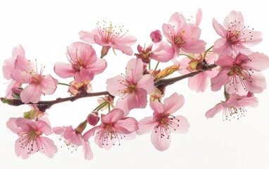 Fototapeta premium Delicate Cherry Blossoms Blooming in Spring Close-up on White Background - Realistic Photography of Soft Pink Petals Symbolizing Renewal