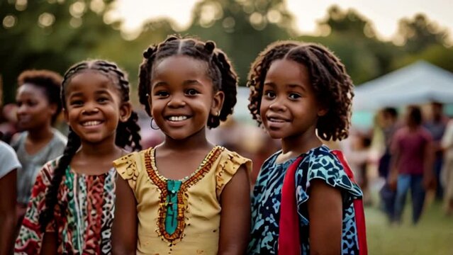 Three young girls are smiling and posing for a picture. They are wearing colorful clothing and are surrounded by other people. Scene is happy and joyful, a juneteenth concept.