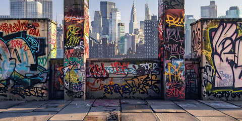 Graffiti covered walls, depicting the evolution of a city, leading to the backdrop of a modern, bustling metropolis