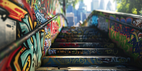 Graffiti covered walls, depicting the evolution of a city, leading to the backdrop of a modern, bustling metropolis