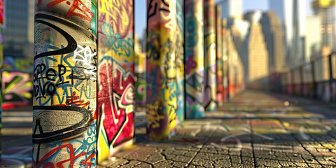 Graffiti covered walls, depicting the evolution of a city, leading to the backdrop of a modern, bustling metropolis