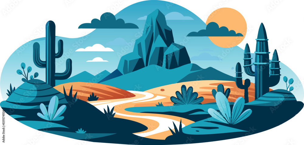 Wall mural Desert landscape with cacti and mountains. Vector illustration