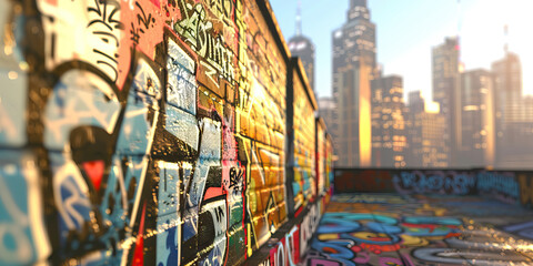 Fototapeta premium Graffiti covered walls, depicting the evolution of a city, leading to the backdrop of a modern, bustling metropolis