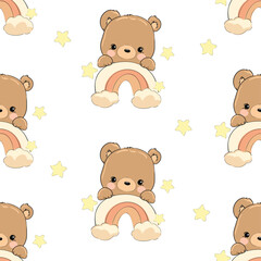 Cute little bear and rainbow seamless pattern, vector illustration, Hand Drawn Cute kids graphics prints for textile