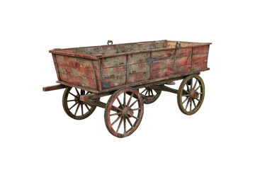 A rusted old wagon with wooden wheels sits on a white background, 3d render, clipart, isolated on a transparent background.