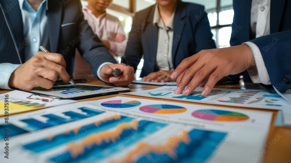 Aufkleber hands of business executives discussing financial charts and graphs during a meeting, symbolizing co
