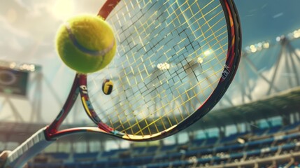 Dynamic Close-Up of Tennis Racket and Ball Collision at Olympic Games in Stadium Setting