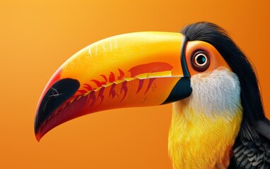 A toucans beak and head in close-up