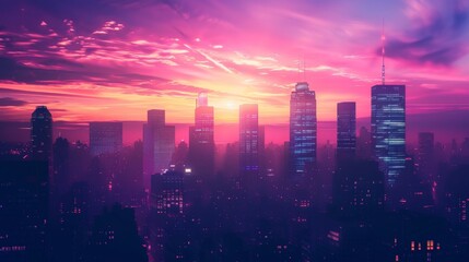 Obraz premium Silhouettes of skyscrapers against a colorful sunset sky, capturing the beauty and majesty of city skylines