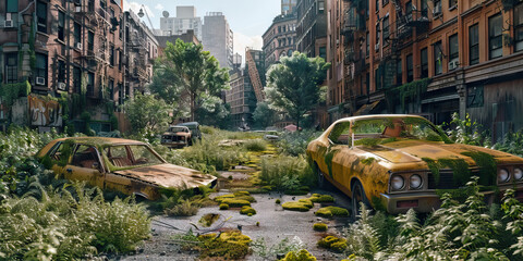 Naklejka premium Melancholic Cityscape of Wasted Potential: A desolate, overgrown cityscape, with abandoned buildings and dilapidated cars. 
