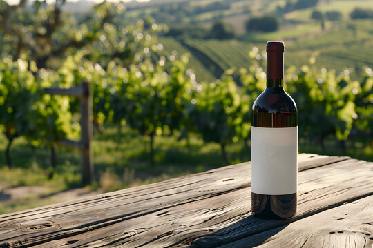 A blank label wine bottle on a wooden picnic table, with a scenic vineyard in the background, showcasing elegance and sophistication