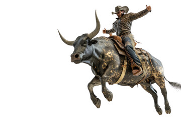 Fototapeta premium A man is riding a bull in a rodeo, 3d render, clipart, isolated on a transparent background.