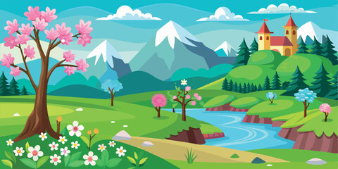 Naklejka premium Spring mountain landscape with blossoming trees and flowers. Vector illustration