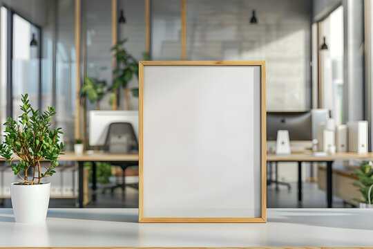 A blank picture frame on a desk, with a modern office in the background, highlighting professional and personal space