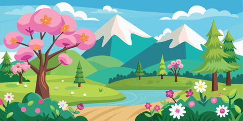 Fototapeta premium Colorful spring landscape with blooming trees. Vector illustration